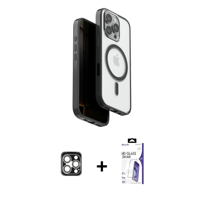 MARSİLYAN™- iPhone 16 Pro Max Kılıf Pusula Form Serisi - Siyah Bilvis 3X AR HD Cam Ekran Koruyucu + PVD Metal Kamera Lens - GS