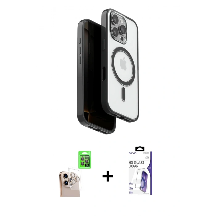 MARSİLYAN™- iPhone 16 Pro Max Kılıf Pusula Form Serisi - Siyah Bilvis 3X AR HD Cam Ekran Koruyucu + Raze Metal Kamera Lens - NLGY