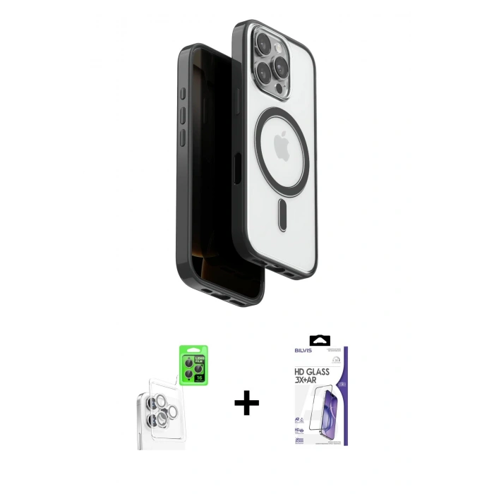 MARSİLYAN™- iPhone 16 Pro Max Kılıf Pusula Form Serisi - Siyah Bilvis 3X AR HD Cam Ekran Koruyucu + Raze Metal Kamera Lens - BZ