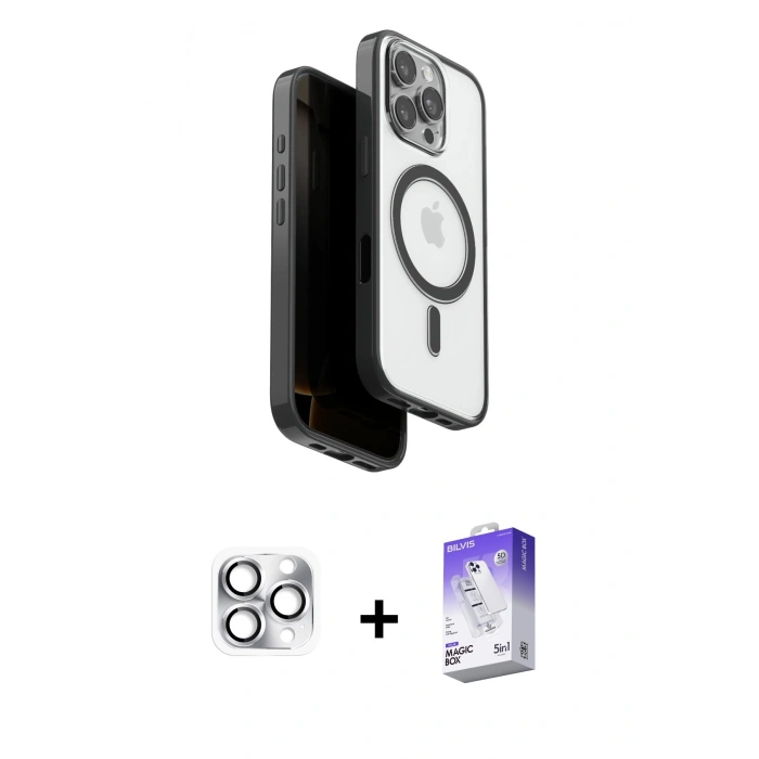 MARSİLYAN™- iPhone 16 Pro Max Kılıf Pusula Form Serisi - Siyah Bilvis 5in1 3D Magic Cam Ekran Koruyucu + Pers Alüminyum Kamera Lens - GS