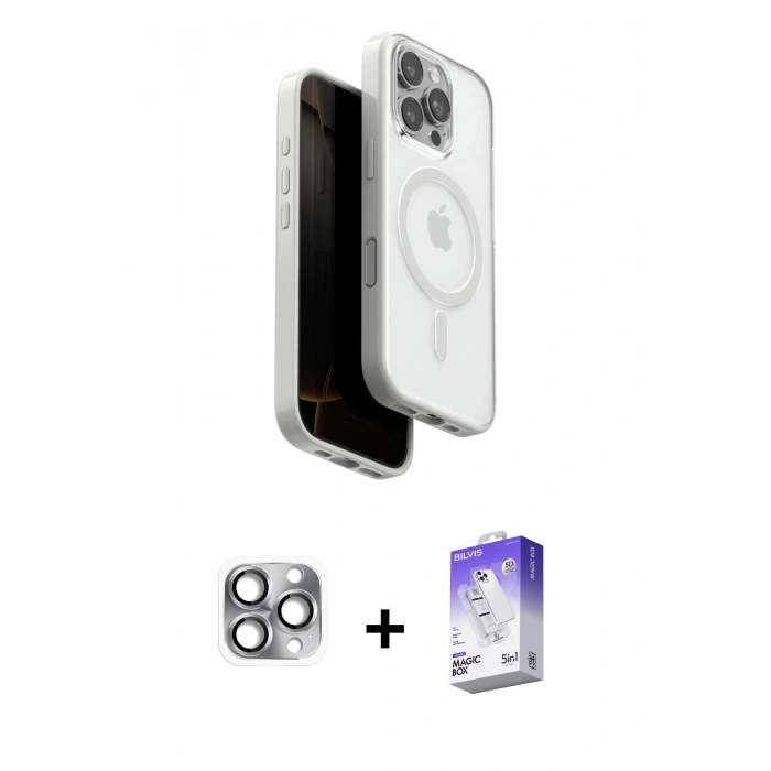 MARSİLYAN™- iPhone 16 Pro Max Kılıf Pusula Form Serisi - Siyah Bilvis 5in1 3D Magic Cam Ekran Koruyucu + Pers Alüminyum Kamera Lens - GI