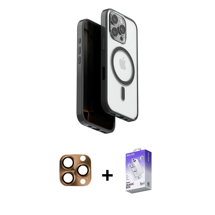 MARSİLYAN™- iPhone 16 Pro Max Kılıf Pusula Form Serisi - Siyah Bilvis 5in1 3D Magic Cam Ekran Koruyucu + Pers Alüminyum Kamera Lens - CLTM
