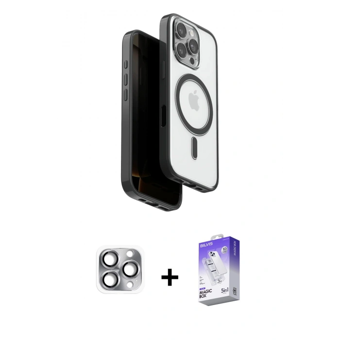 MARSİLYAN™- iPhone 16 Pro Max Kılıf Pusula Form Serisi - Siyah Bilvis 5in1 3D Magic Cam Ekran Koruyucu + Pers Alüminyum Kamera Lens - GI