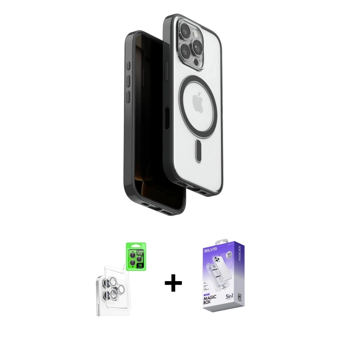 MARSİLYAN™- iPhone 16 Pro Max Kılıf Pusula Form Serisi - Siyah Bilvis 5in1 3D Magic Cam Ekran Koruyucu + Raze Metal Kamera Lens - BZ