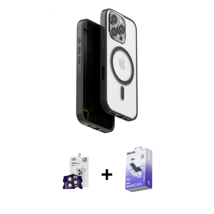 MARSİLYAN™- iPhone 16 Pro Max Kılıf Pusula Form Serisi - Siyah Bilvis 5in1 5D Magic Hayalet Cam Ekran Koruyucu + Bilvis Titan Kamera Lens - TMGI