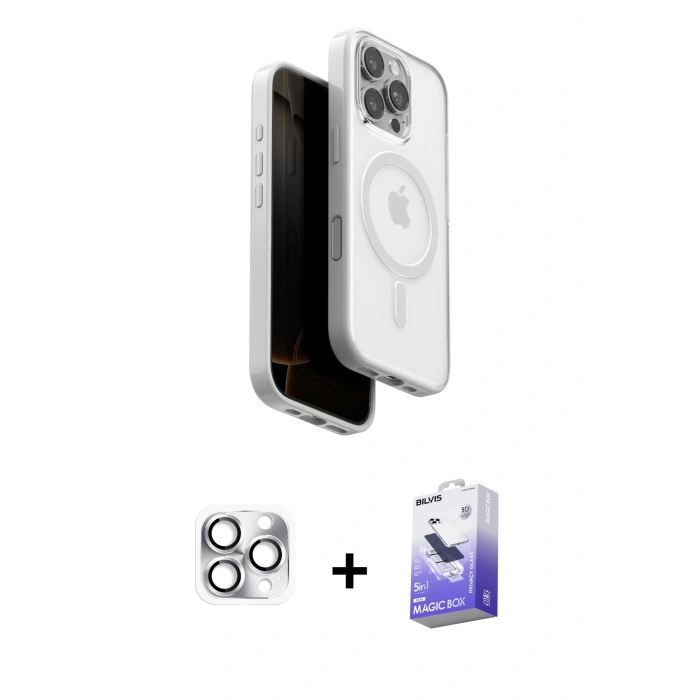 MARSİLYAN™- iPhone 16 Pro Max Kılıf Pusula Form Serisi - Siyah Bilvis 5in1 5D Magic Hayalet Cam Ekran Koruyucu + Gümüş Pers Alüminyum Kamera Lens