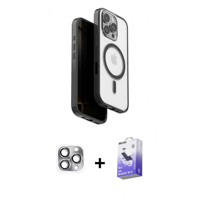 MARSİLYAN™- iPhone 16 Pro Max Kılıf Pusula Form Serisi - Siyah Bilvis 5in1 5D Magic Hayalet Cam Ekran Koruyucu + Pers Alüminyum Kamera Lens - GI