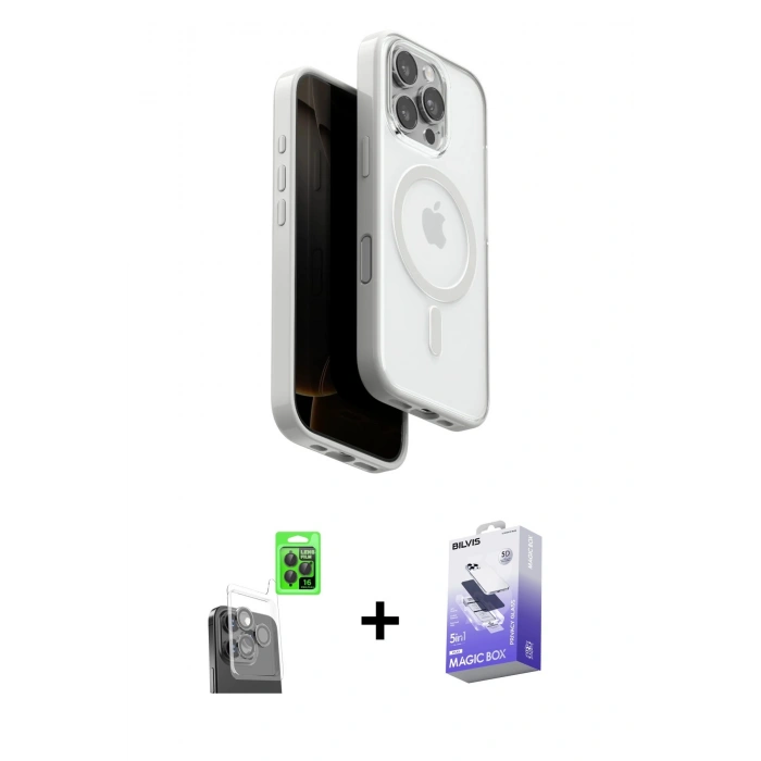 MARSİLYAN™- iPhone 16 Pro Max Kılıf Pusula Form Serisi - Siyah Bilvis 5in1 5D Magic Hayalet Cam Ekran Koruyucu + Raze Metal Kamera Lens - SH