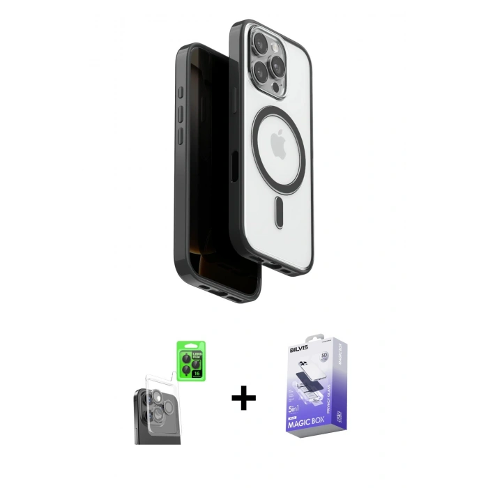 MARSİLYAN™- iPhone 16 Pro Max Kılıf Pusula Form Serisi - Siyah Bilvis 5in1 5D Magic Hayalet Cam Ekran Koruyucu + Raze Metal Kamera Lens - SH
