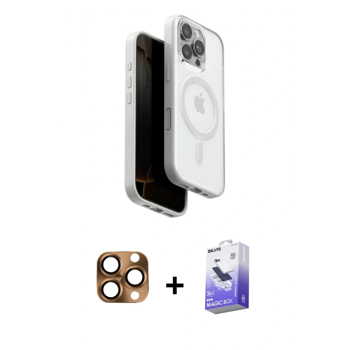 MARSİLYAN™- iPhone 16 Pro Max Kılıf Pusula Form Serisi - Siyah Bilvis 5in1 5D Magic Hayalet Cam Ekran Koruyucu + Pers Alüminyum Kamera Lens - CLTM