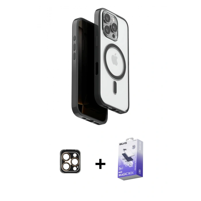 MARSİLYAN™- iPhone 16 Pro Max Kılıf Pusula Form Serisi - Siyah Bilvis 5in1 5D Magic Hayalet Cam Ekran Koruyucu + PVD Metal Kamera Lens - GD