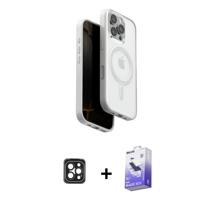 MARSİLYAN™- iPhone 16 Pro Max Kılıf Pusula Form Serisi - Siyah Bilvis 5in1 5D Magic Hayalet Cam Ekran Koruyucu + PVD Metal Kamera Lens - SH