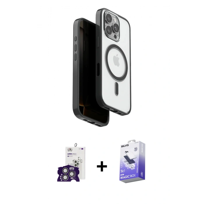 MARSİLYAN™- iPhone 16 Pro Max Kılıf Pusula Form Serisi - Siyah Bilvis 5in1 5D Magic Hayalet Cam Ekran Koruyucu + Bilvis Titan Kamera Lens - GS