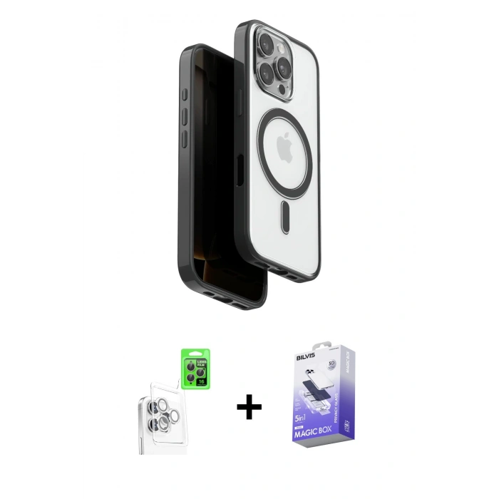 MARSİLYAN™- iPhone 16 Pro Max Kılıf Pusula Form Serisi - Siyah Bilvis 5in1 5D Magic Hayalet Cam Ekran Koruyucu + Raze Metal Kamera Lens - BZ