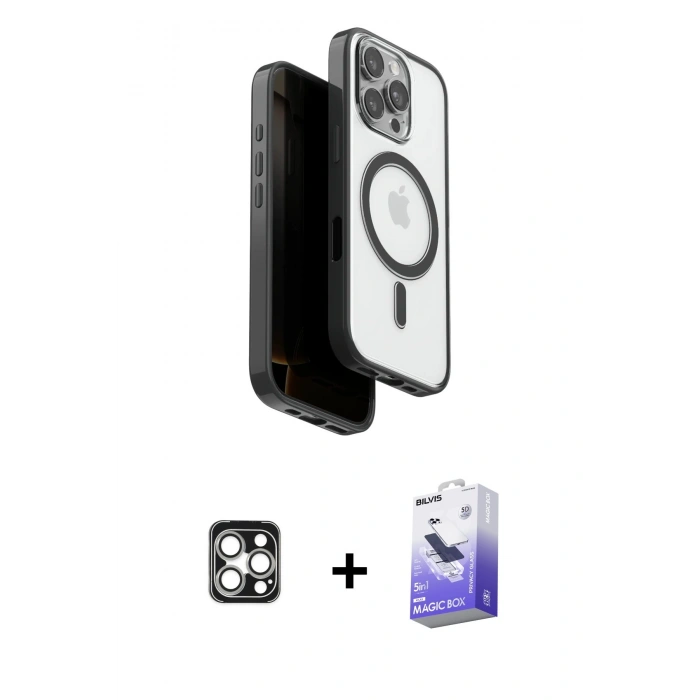 MARSİLYAN™- iPhone 16 Pro Max Kılıf Pusula Form Serisi - Siyah Bilvis 5in1 5D Magic Hayalet Cam Ekran Koruyucu + PVD Metal Kamera Lens - GS