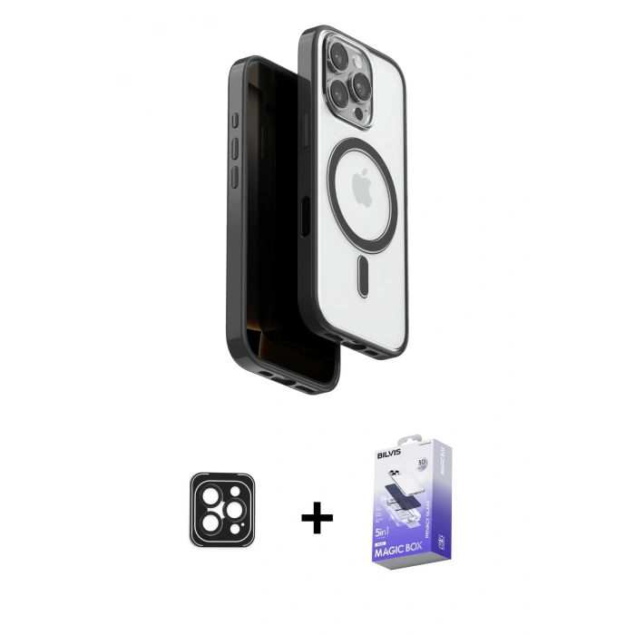 MARSİLYAN™- iPhone 16 Pro Max Kılıf Pusula Form Serisi - Siyah Bilvis 5in1 5D Magic Hayalet Cam Ekran Koruyucu + PVD Metal Kamera Lens - SH