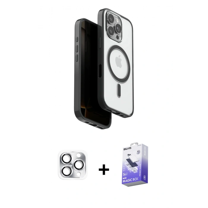 MARSİLYAN™- iPhone 16 Pro Max Kılıf Pusula Form Serisi - Siyah Bilvis 5in1 5D Magic Hayalet Cam Ekran Koruyucu + Gümüş Pers Alüminyum Kamera Lens