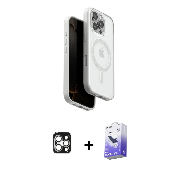 MARSİLYAN™- iPhone 16 Pro Max Kılıf Pusula Form Serisi - Siyah Bilvis 5in1 5D Magic Hayalet Cam Ekran Koruyucu + PVD Metal Kamera Lens - GS