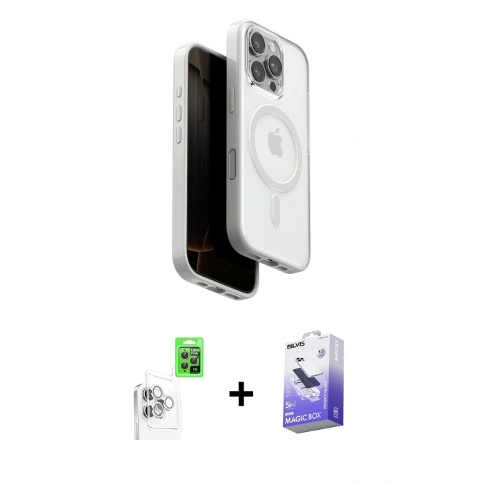 MARSİLYAN™- iPhone 16 Pro Max Kılıf Pusula Form Serisi - Siyah Bilvis 5in1 5D Magic Hayalet Cam Ekran Koruyucu + Raze Metal Kamera Lens - BZ
