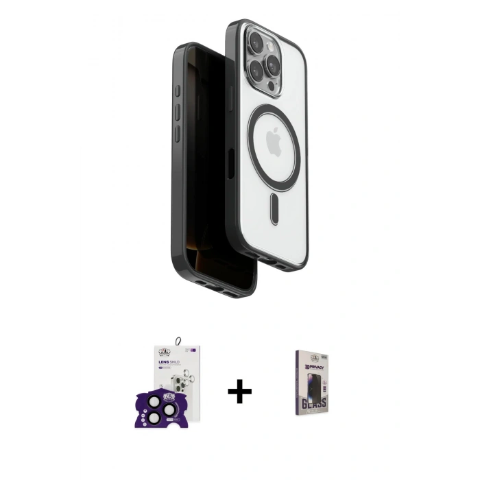 MARSİLYAN™- iPhone 16 Pro Max Kılıf Pusula Form Serisi - Siyah Bilvis Hayalet Cam Ekran Koruyucu + Bilvis Titan Kamera Lens - SH