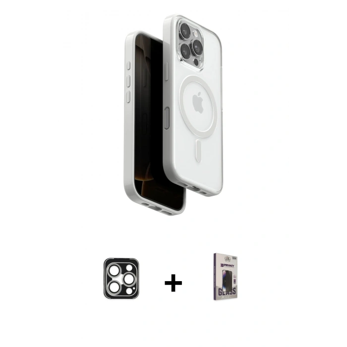 MARSİLYAN™- iPhone 16 Pro Max Kılıf Pusula Form Serisi - Siyah Bilvis Hayalet Cam Ekran Koruyucu + Gümüş PVD Metal Kamera Lens