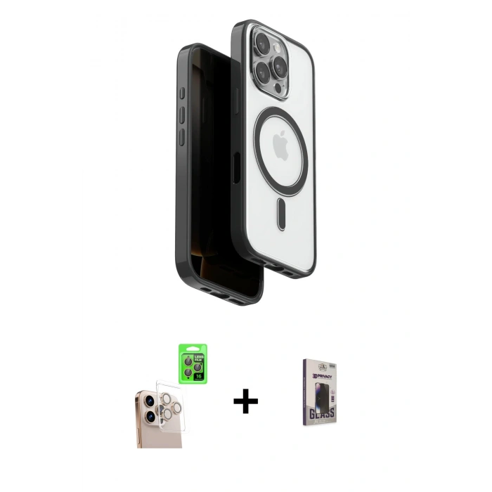 MARSİLYAN™- iPhone 16 Pro Max Kılıf Pusula Form Serisi - Siyah Bilvis Hayalet Cam Ekran Koruyucu + Natural Grey Raze Metal Kamera Lens
