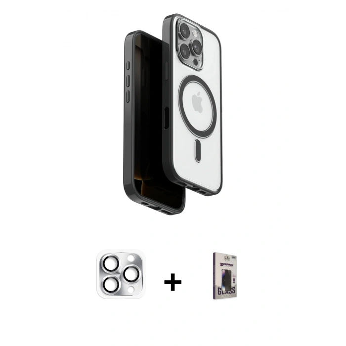 MARSİLYAN™- iPhone 16 Pro Max Kılıf Pusula Form Serisi - Siyah Bilvis Hayalet Cam Ekran Koruyucu + Pers Alüminyum Kamera Lens - GS