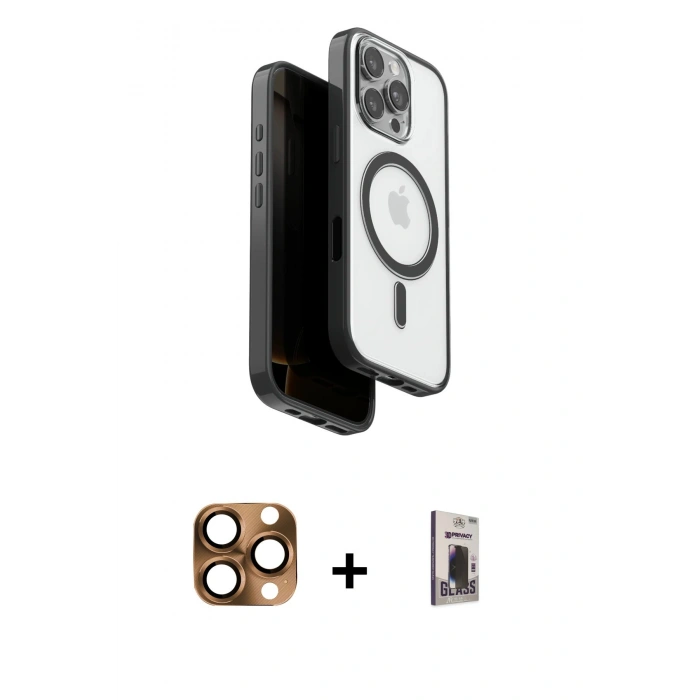 MARSİLYAN™- iPhone 16 Pro Max Kılıf Pusula Form Serisi - Siyah Bilvis Hayalet Cam Ekran Koruyucu + Pers Alüminyum Kamera Lens - CLTM