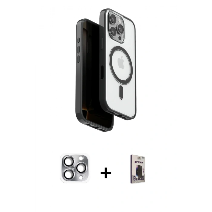 MARSİLYAN™- iPhone 16 Pro Max Kılıf Pusula Form Serisi - Siyah Bilvis Hayalet Cam Ekran Koruyucu + Pers Alüminyum Kamera Lens - GI