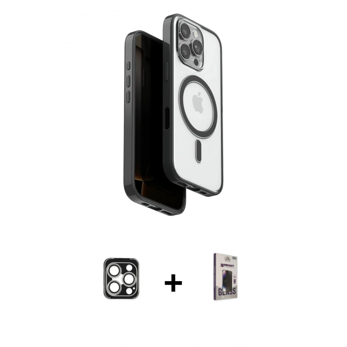 MARSİLYAN™- iPhone 16 Pro Max Kılıf Pusula Form Serisi - Siyah Bilvis Hayalet Cam Ekran Koruyucu + PVD Metal Kamera Lens - GS