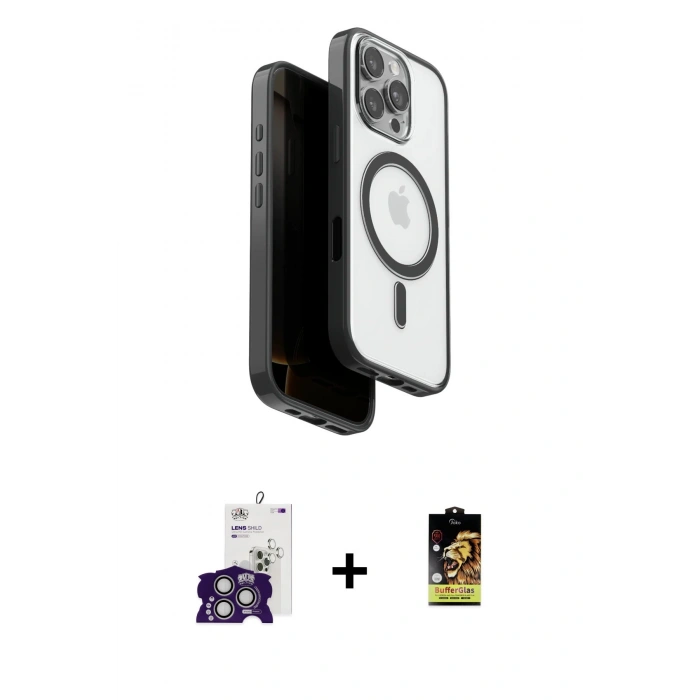 MARSİLYAN™- iPhone 16 Pro Max Kılıf Pusula Form Serisi - Siyah Buffer Cam Ekran Koruyucu + Bilvis Titan Kamera Lens - GS