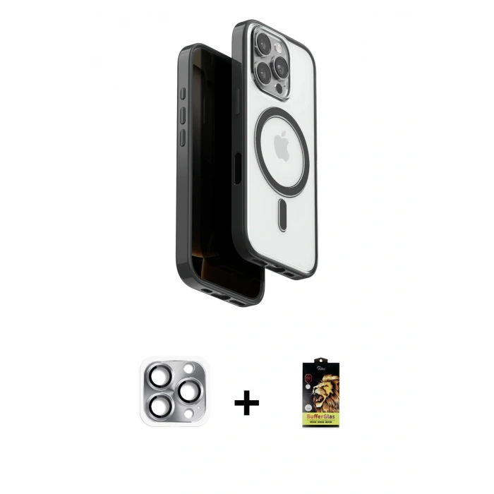 MARSİLYAN™- iPhone 16 Pro Max Kılıf Pusula Form Serisi - Siyah Buffer Cam Ekran Koruyucu + Gri Pers Alüminyum Kamera Lens
