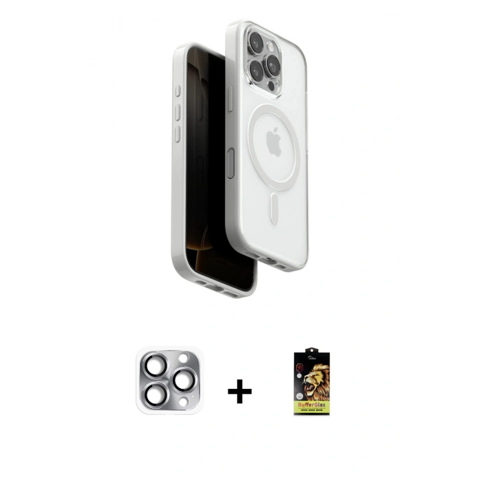 MARSİLYAN™- iPhone 16 Pro Max Kılıf Pusula Form Serisi - Siyah Buffer Cam Ekran Koruyucu + Gri Pers Alüminyum Kamera Lens