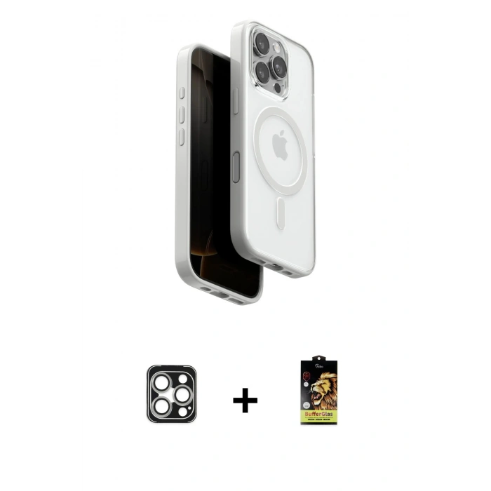 MARSİLYAN™- iPhone 16 Pro Max Kılıf Pusula Form Serisi - Siyah Buffer Cam Ekran Koruyucu + Gümüş PVD Metal Kamera Lens