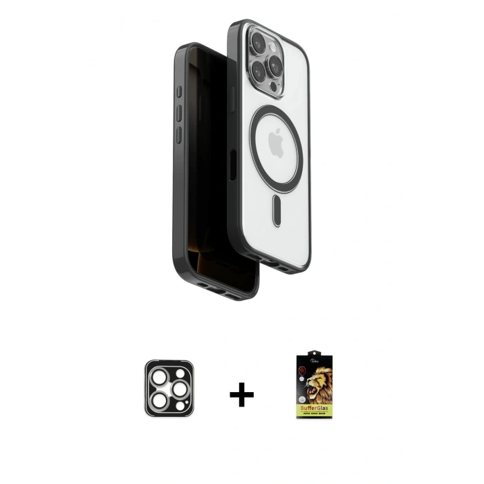 MARSİLYAN™- iPhone 16 Pro Max Kılıf Pusula Form Serisi - Siyah Buffer Cam Ekran Koruyucu + Gümüş PVD Metal Kamera Lens