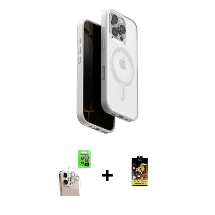 MARSİLYAN™- iPhone 16 Pro Max Kılıf Pusula Form Serisi - Siyah Buffer Cam Ekran Koruyucu + Natural Grey Raze Metal Kamera Lens