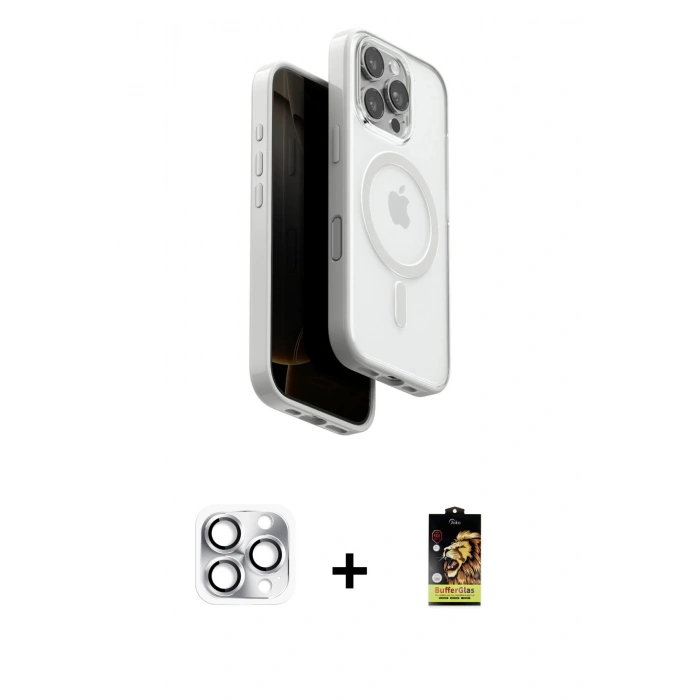 MARSİLYAN™- iPhone 16 Pro Max Kılıf Pusula Form Serisi - Siyah Buffer Cam Ekran Koruyucu + Pers Alüminyum Kamera Lens - GS