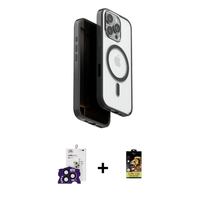 MARSİLYAN™- iPhone 16 Pro Max Kılıf Pusula Form Serisi - Siyah Buffer Cam Ekran Koruyucu + Siyah Bilvis Titan Kamera Lens