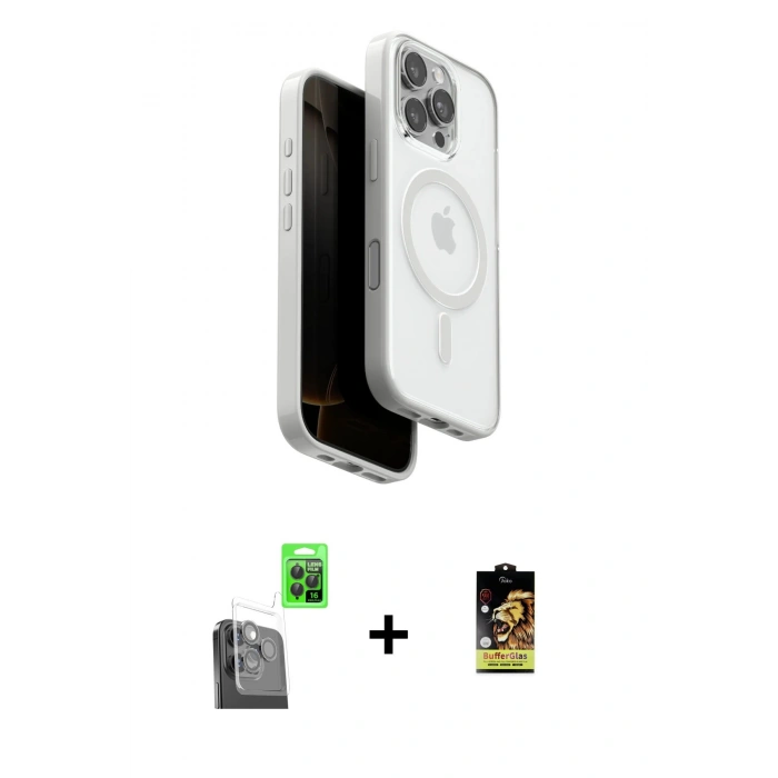 MARSİLYAN™- iPhone 16 Pro Max Kılıf Pusula Form Serisi - Siyah Buffer Cam Ekran Koruyucu + Siyah Raze Metal Kamera Lens