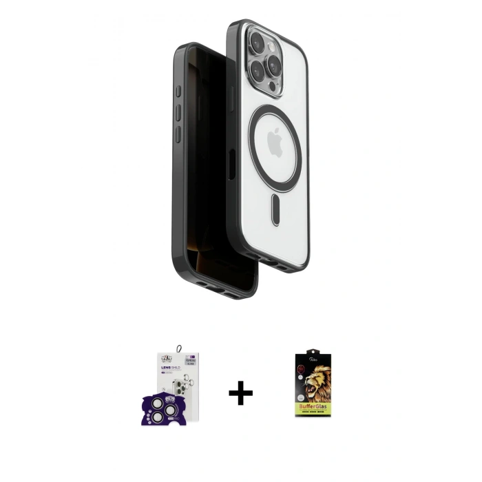 MARSİLYAN™- iPhone 16 Pro Max Kılıf Pusula Form Serisi - Siyah Buffer Cam Ekran Koruyucu + Bilvis Titan Kamera Lens - TMGI