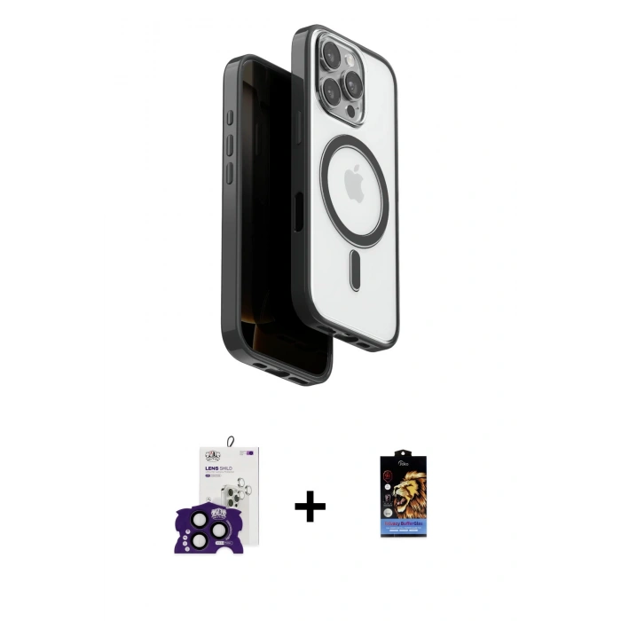 MARSİLYAN™- iPhone 16 Pro Max Kılıf Pusula Form Serisi - Siyah Buffer Hayalet Cam Ekran Koruyucu + Bilvis Titan Kamera Lens - SH