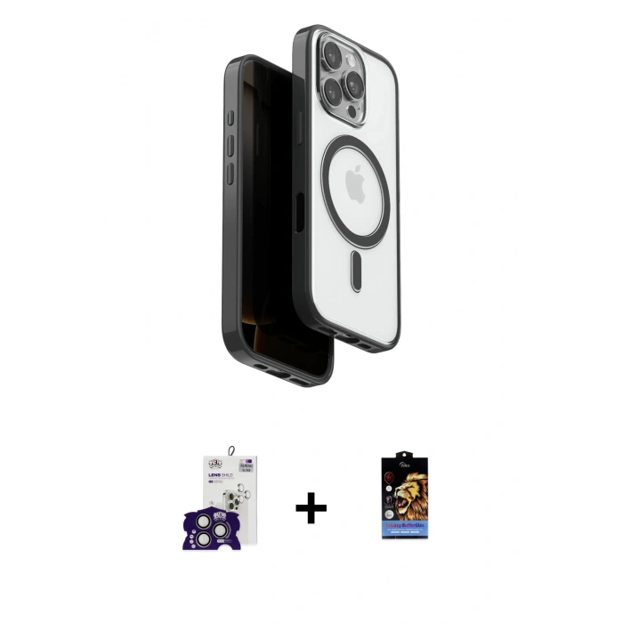 MARSİLYAN™- iPhone 16 Pro Max Kılıf Pusula Form Serisi - Siyah Buffer Hayalet Cam Ekran Koruyucu + Bilvis Titan Kamera Lens - TMGI
