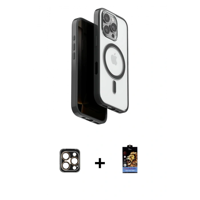 MARSİLYAN™- iPhone 16 Pro Max Kılıf Pusula Form Serisi - Siyah Buffer Hayalet Cam Ekran Koruyucu + PVD Metal Kamera Lens - GD