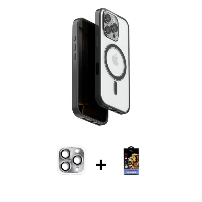MARSİLYAN™- iPhone 16 Pro Max Kılıf Pusula Form Serisi - Siyah Buffer Hayalet Cam Ekran Koruyucu + Pers Alüminyum Kamera Lens - GI