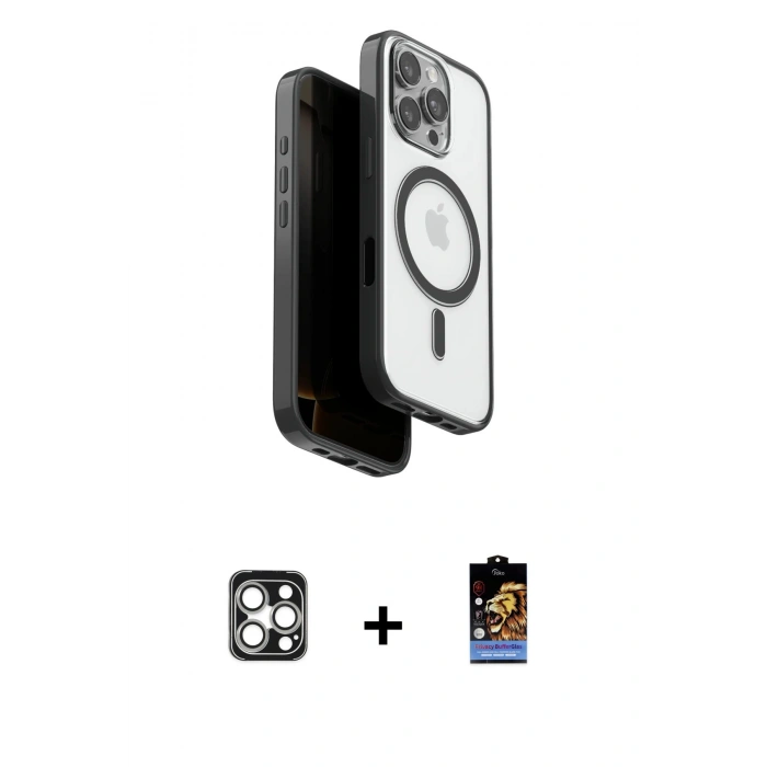MARSİLYAN™- iPhone 16 Pro Max Kılıf Pusula Form Serisi - Siyah Buffer Hayalet Cam Ekran Koruyucu + PVD Metal Kamera Lens - GS