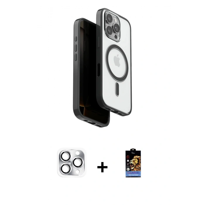 MARSİLYAN™- iPhone 16 Pro Max Kılıf Pusula Form Serisi - Siyah Buffer Hayalet Cam Ekran Koruyucu + Pers Alüminyum Kamera Lens - GS