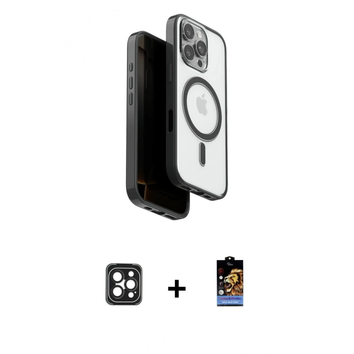 MARSİLYAN™- iPhone 16 Pro Max Kılıf Pusula Form Serisi - Siyah Buffer Hayalet Cam Ekran Koruyucu + Siyah PVD Metal Kamera Lens