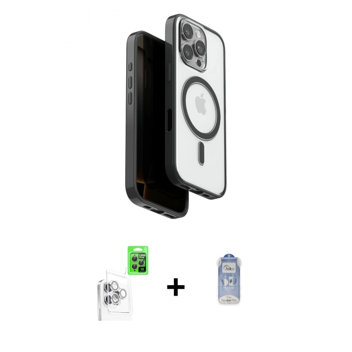 MARSİLYAN™- iPhone 16 Pro Max Kılıf Pusula Form Serisi - Siyah Joko Magic 5D Cam + Raze Metal Kamera Lens - BZ