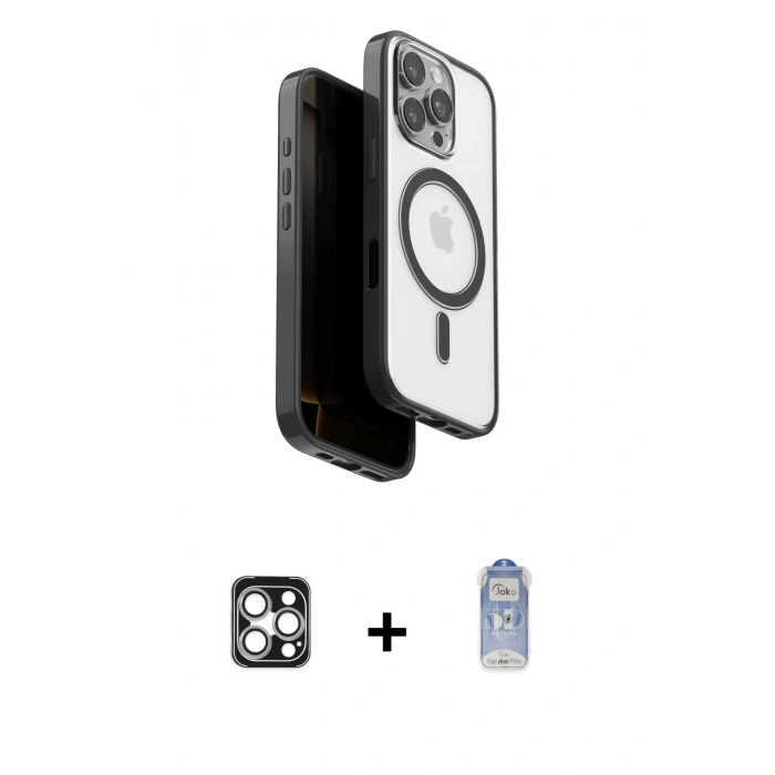 MARSİLYAN™- iPhone 16 Pro Max Kılıf Pusula Form Serisi - Siyah Joko Magic 5D Cam + PVD Metal Kamera Lens - GS