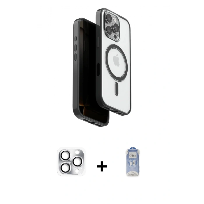 MARSİLYAN™- iPhone 16 Pro Max Kılıf Pusula Form Serisi - Siyah Joko Magic 5D Cam + Pers Alüminyum Kamera Lens - GS